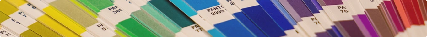 Muestrarios de color tipo abanico con múltiples gamas cromáticas organizadas en tarjetas, utilizados como referencia para diseño gráfico y control de estilos.