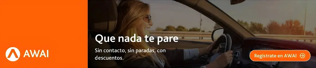 Banner publicitario con una mujer conduciendo y el texto “Que nada te pare. Sin contacto, sin paradas, con descuentos”, junto al logotipo de AWAI y un botón que dice “Regístrate en AWAI”.