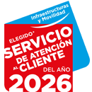 Sello distintivo que reconoce a Autopistas como Servicio de Atención al Cliente del Año 2025, con diseño gráfico en colores rojo y azul.